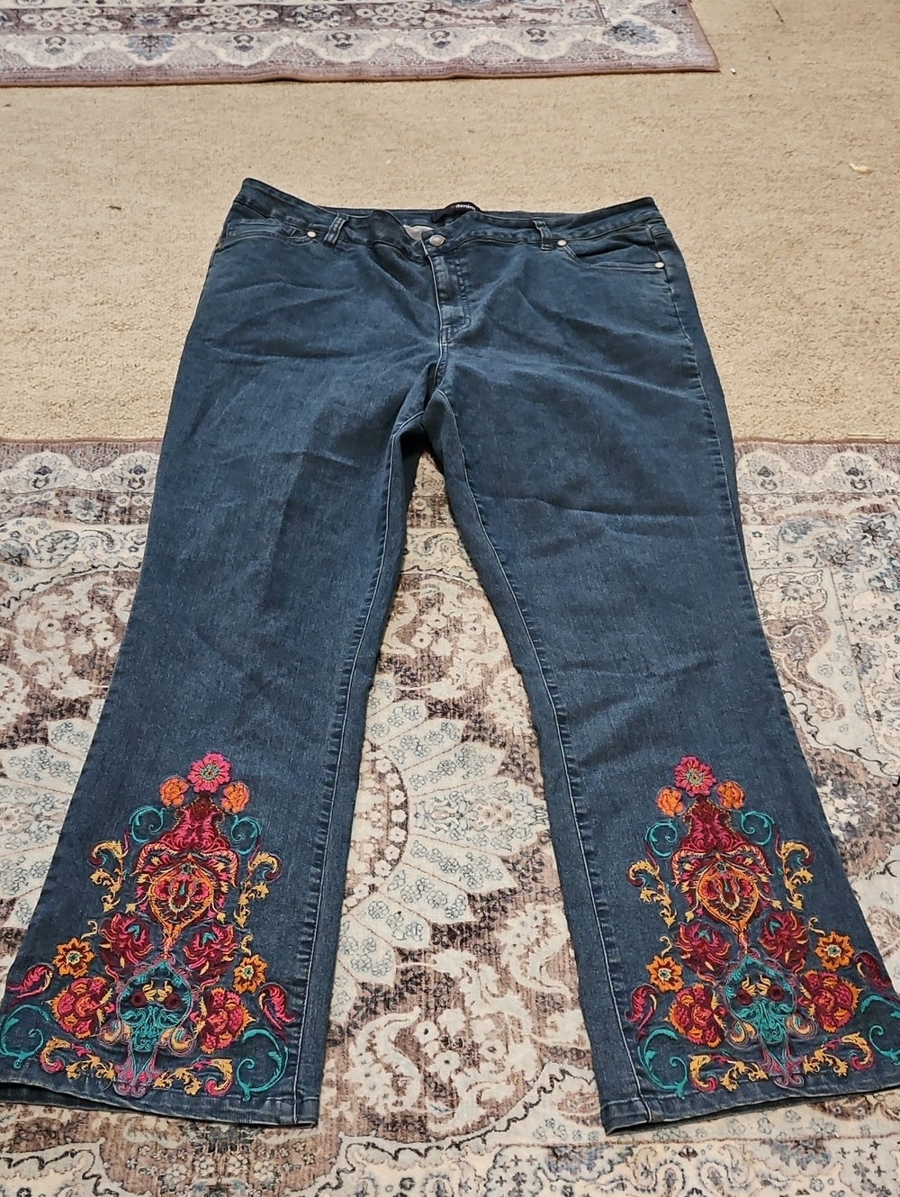 Denim 24/7 Dark Blue Flare Jeans with Colorful Embroidered Hem